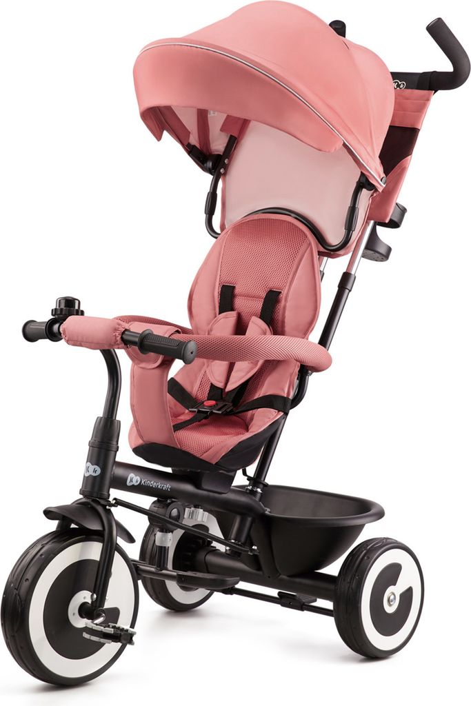 A pink Kinderkraft ASTON tricycle is shown against a white background.