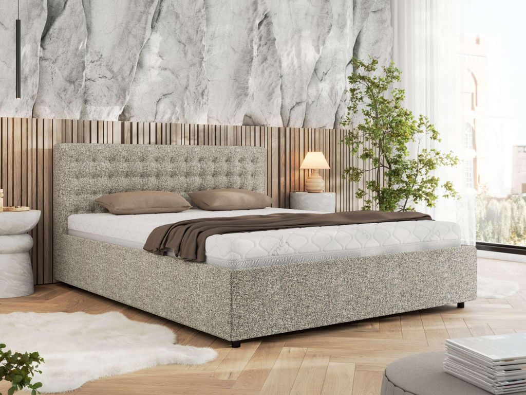 MKS MEBLE Polsterbett Doppelbett PAVO CLASSIC Bett mit Stauraum Gasdruck-Mechanismus Stauraumbett Pocket Matratze VIRE LUX 180x200 Beige Strukture