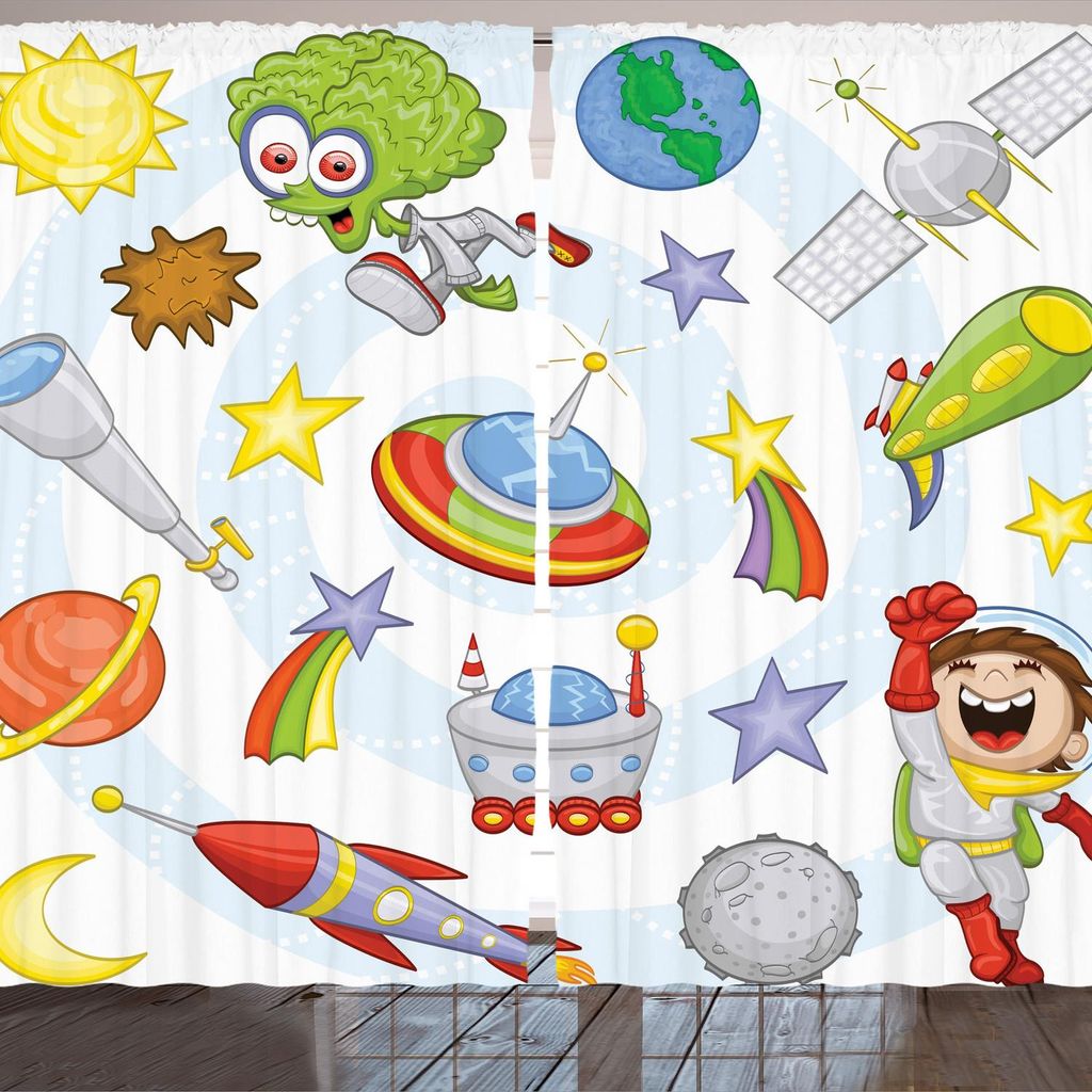 ARANDE Weltraum Gardine, Weltraum Objekte mit Sonne Erde Komet Sterne Meteor Lunar Extraterrestrial Cartoon, 280 x 175 cm, Mehrfarbig