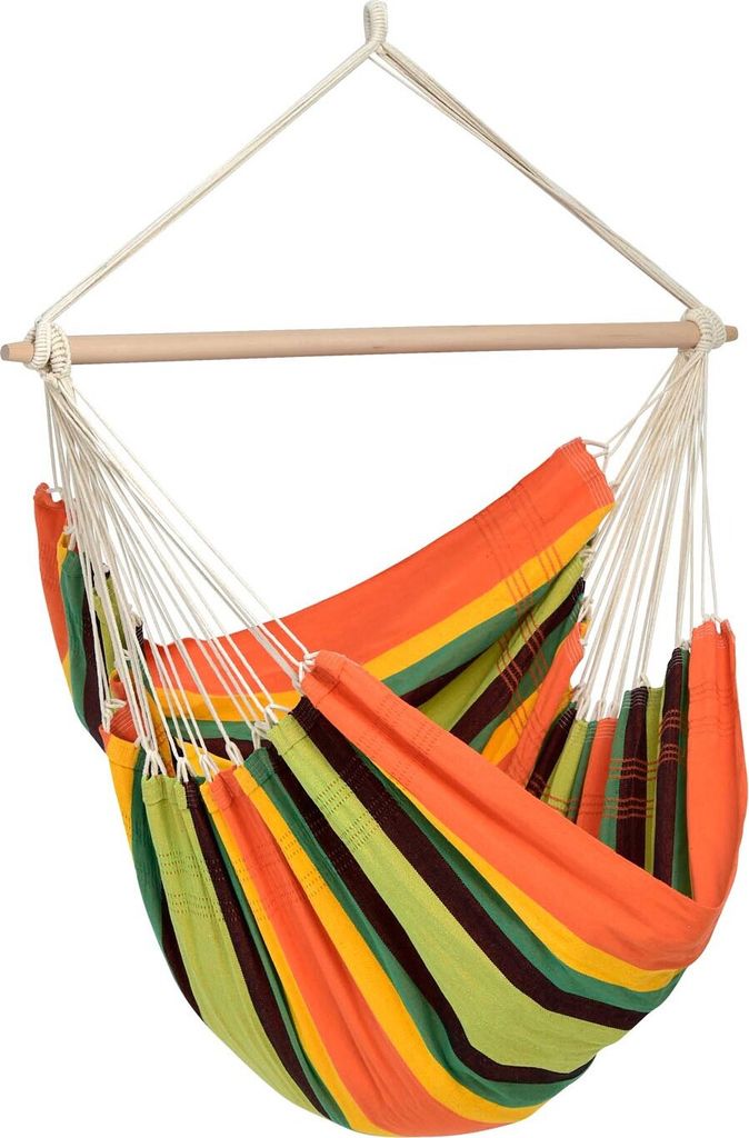A colorful striped hammock chair hanging from a wooden bar.