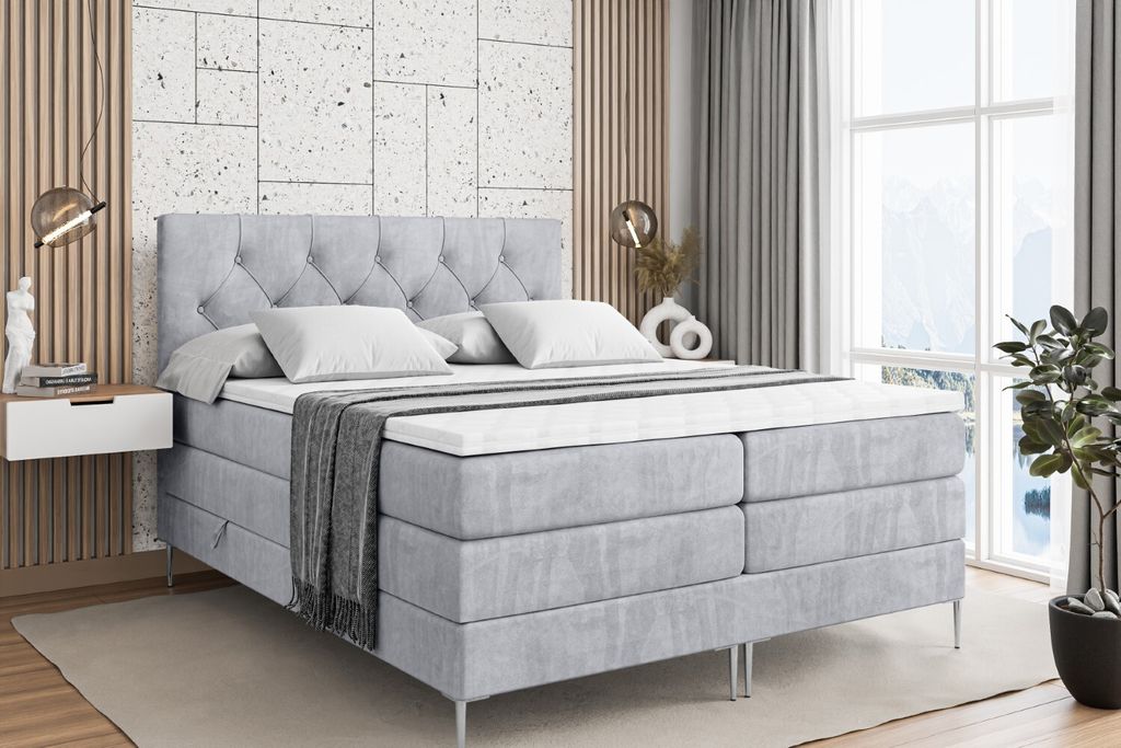 ALTDECOR Boxspringbett mit Silber Füßen, Matratze und Lattenrost, Topper, Polsterbett mit Bettkasten, Bett mit Stauraum H3- und H4- Matratze, Dop...