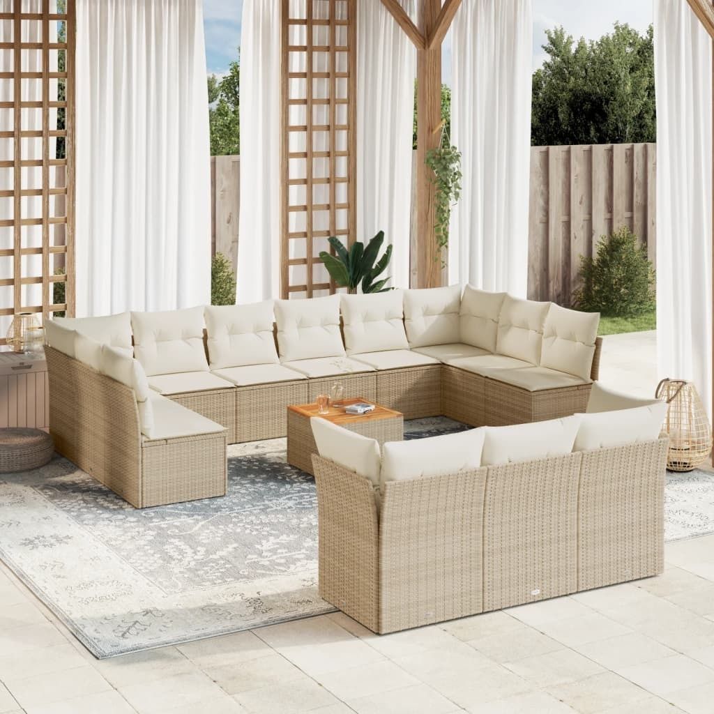 Design 14-tlg. Garten-Sofagarnitur mit Kissen Beige Poly Rattan, Gartenmöbel-Sets 2024 Neu