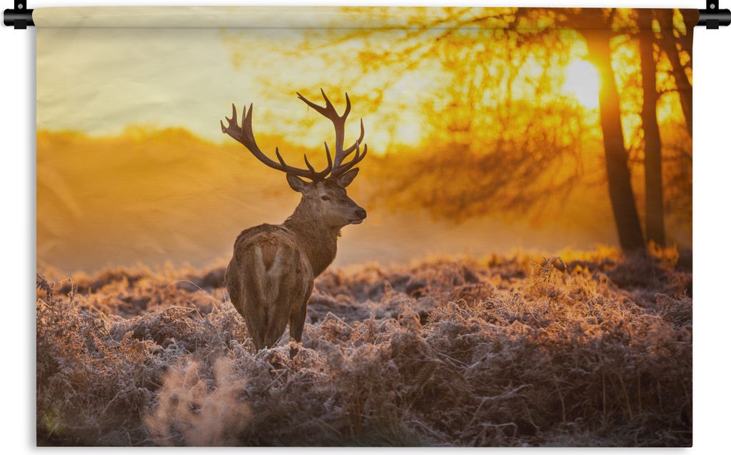 MuchoWow Wandteppich Wandbehang Hirsche - Tiere - Sonnenuntergang - Winter - Heidekraut - Natur 90x60 cm Tapisserie Dekoration Wandtuch - Wandsku...