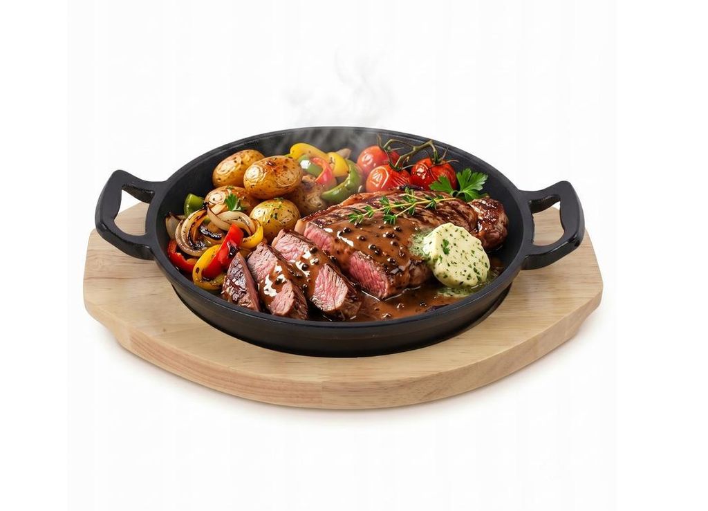 Gusseisen Servierpfanne 22 cm mit Holzbrett Untersetzer | Produktbild 