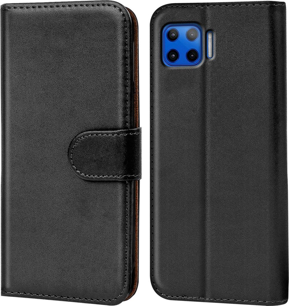 A black flip case for a phone, shown open and closed.