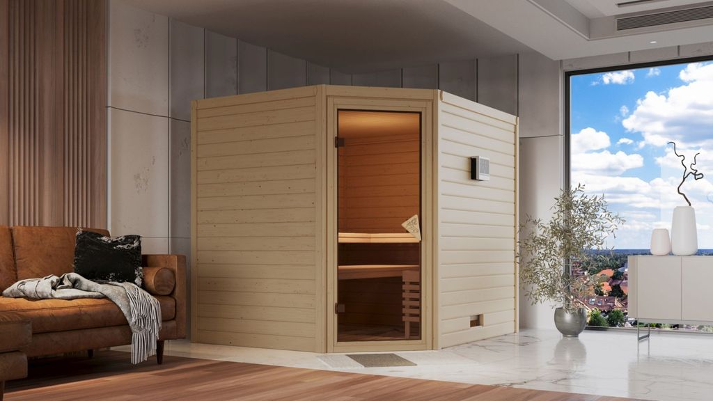 Karibu Sauna Innensauna Tanami Eckeinstieg Ofen 9 kW integr. Strg 231x195x200 cm ohne Dachkranz