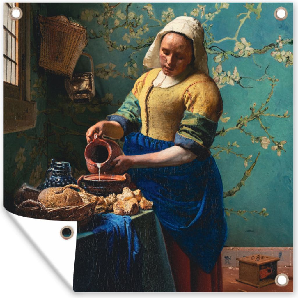 MuchoWow 100x100 cm Outdoor-Poster Gartendeko Sichtschutz Garten Poster für den Garten Milchmädchen - Mandelblüte - Van Gogh - Vermeer - Gemä...