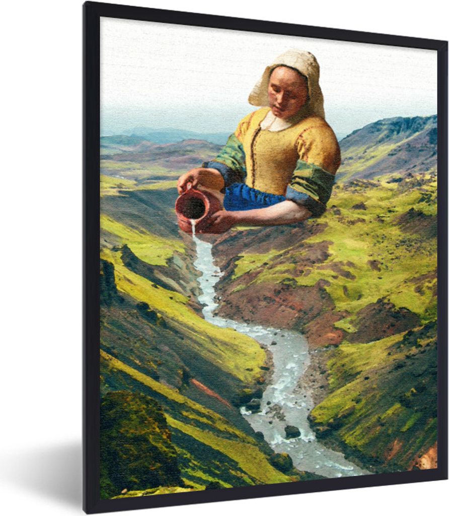 MuchoWow Gerahmtes Poster Milchmädchen - Vermeer - Berge 60x80 cm - Poster mit Schwarzem Bilderrahmen Wandposter Rahmen Foto Bilder - Premium - ...