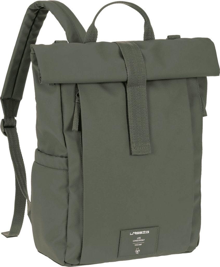 A studio shot of a green rolltop backpack.