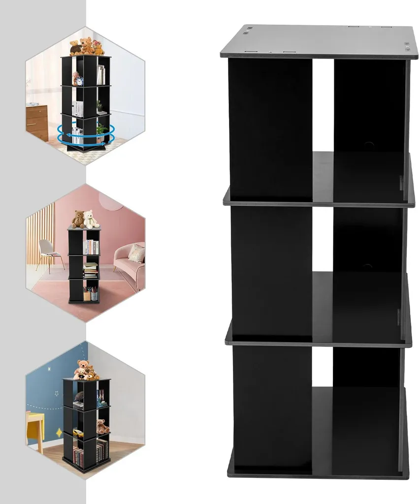 Bibliothèque pivotante à 360° noire - Étagère rotative à 3 niveaux - 5