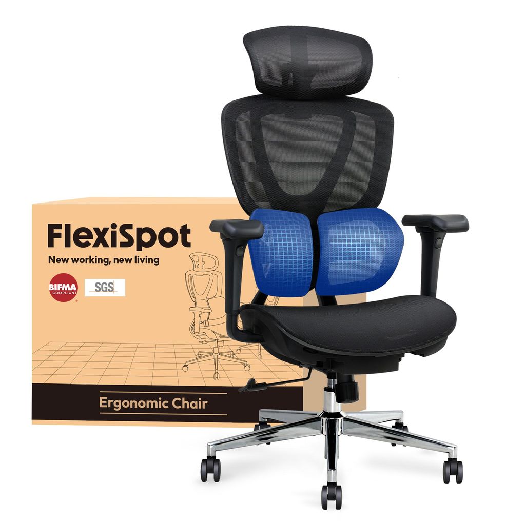 A black ergonomic office chair with blue lumbar support cushions is shown next to its packaging box.