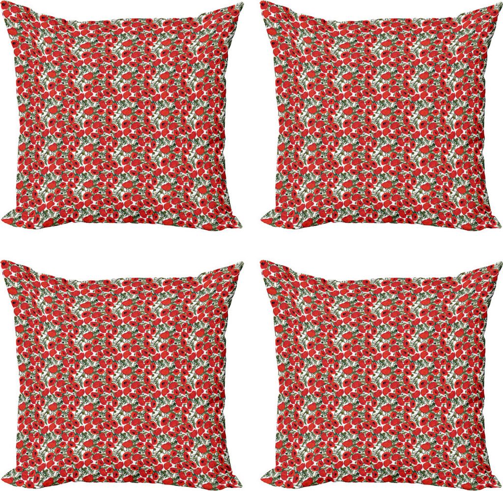 ABAKUHAUS Mohn Kissenbezug Set (4 Stück), Garten Laub Botanical, Moderner Doppelseitiger Digitaldruck, 50 cm x 50 cm, Grün, Rot, Weiß