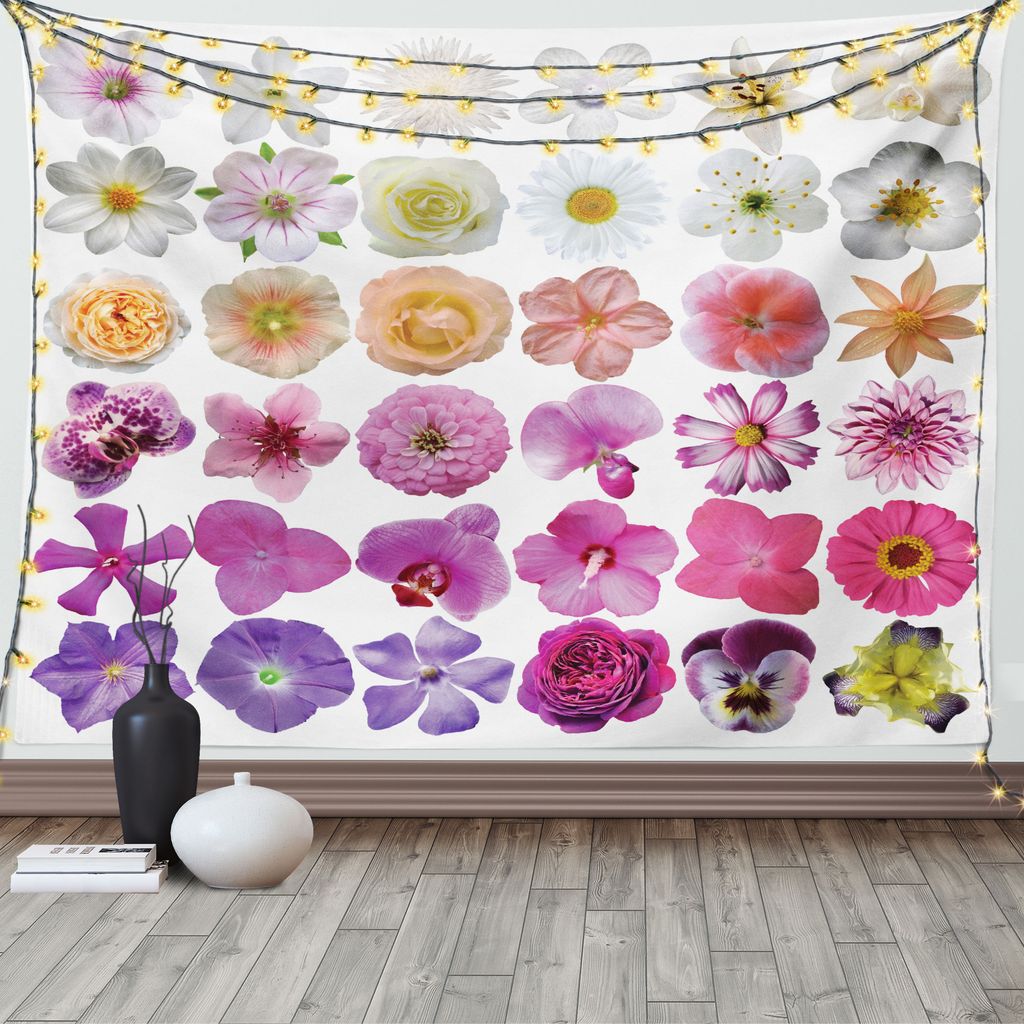 ABAKUHAUS Natur Wandteppich, Blumen Petunie botanisch, Wohnzimmer Schlafzimmer Heim Seidiges Satin Wandteppich, 200 x 150 cm, Weiß Lila Rosa