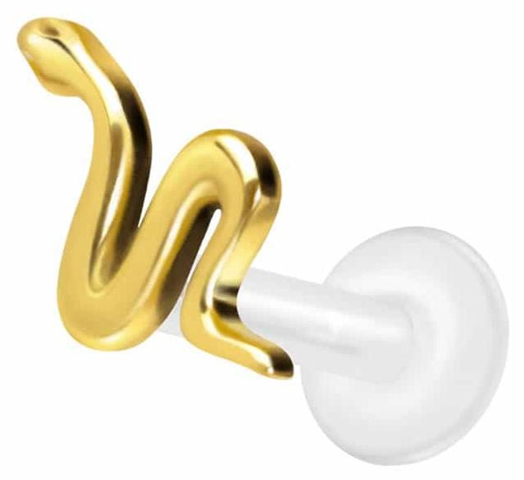 Ohrpiercing, Nasenpiercing PTFE Labret mit Innengewinde + Titan-Aufsatz SCHLANGE Gold Stablänge: 9mm | Stabstärke: 1,2mm
