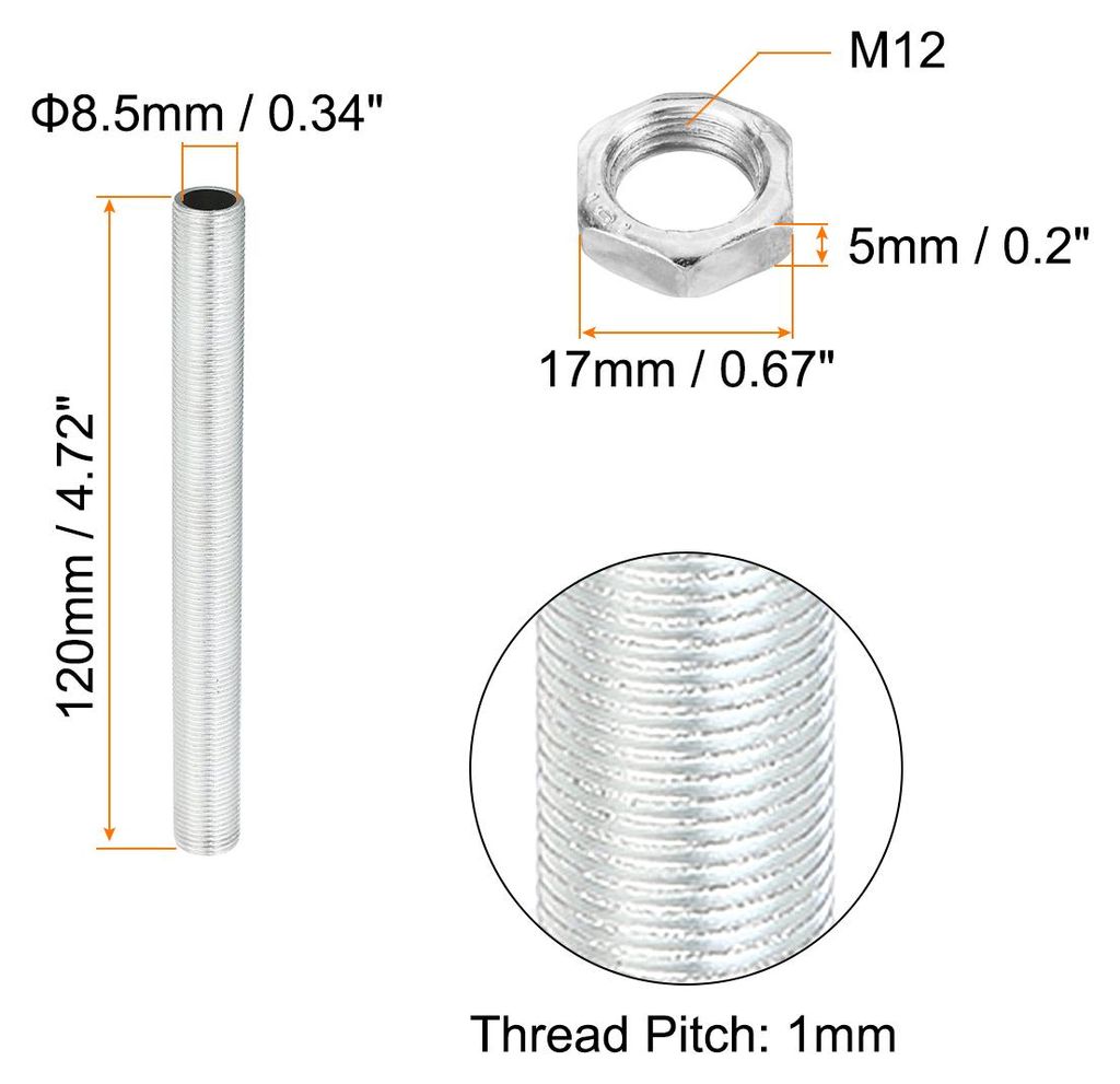 M12 Gewinde 4.72" Lampe Leitung Kit mit Schloss Muttern 5 Set Alle Gewindest?be Verschlš¹sse Hardware fš¹r Kronleuchter Deckenlicht DIY Verzinkung