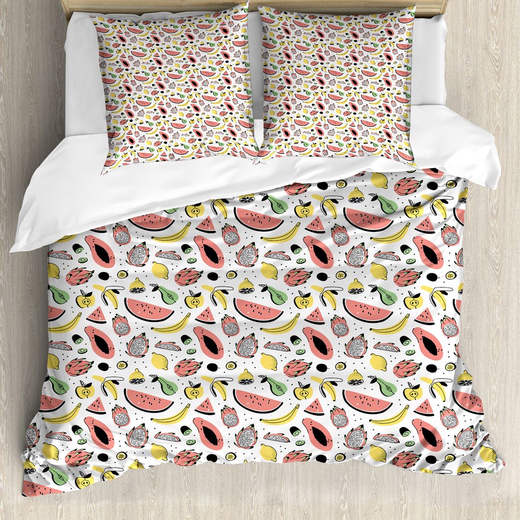 ABAKUHAUS Obst Bettbezug Set für Einzelbetten, Leckeres Essen Doodle, Milbensicher Allergiker geeignet mit Kissenbezug, 155 cm x 220 cm - 80 x 80 ...