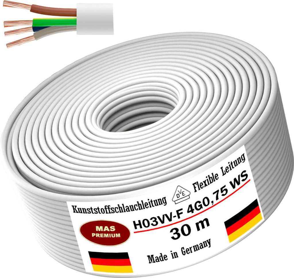 30m Kunststoffschlauchleitung H03VV-F 4G0,75 Weiß Flexible Leitung Gerätekabel