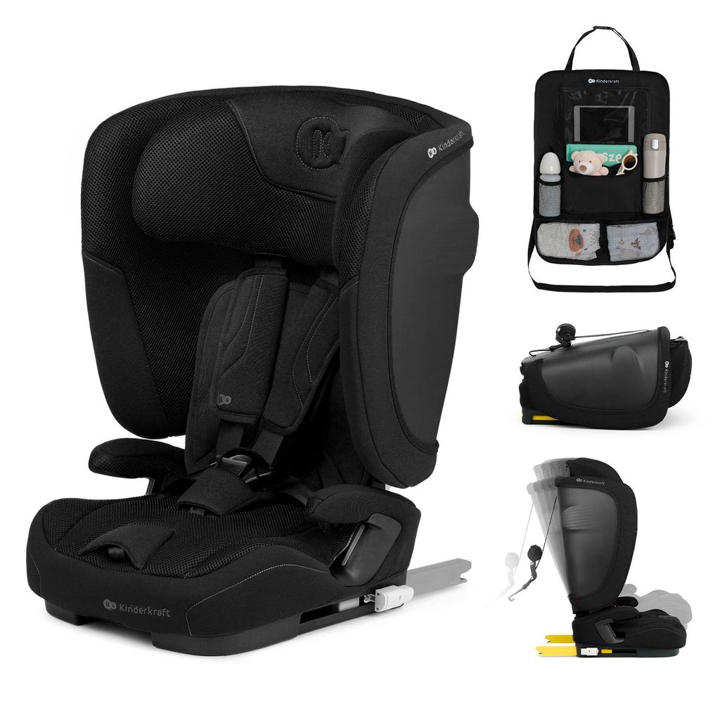 Kinderkraft FIX2GO i-Size Autokindersitz 76-150 cm ISOFIX SAFERIDE SENSOR H-GUARD+ EASY GROW klappbar AIR FLOW R129 Schwarz mit Auto-Organizer