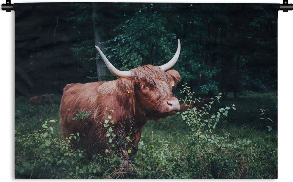 MuchoWow Wandteppich Wandbehang Schottischer Highlander - Blätter - Wald 120x80 cm Tapisserie Dekoration Wandtuch - Wanddekorationen - Wandtücher