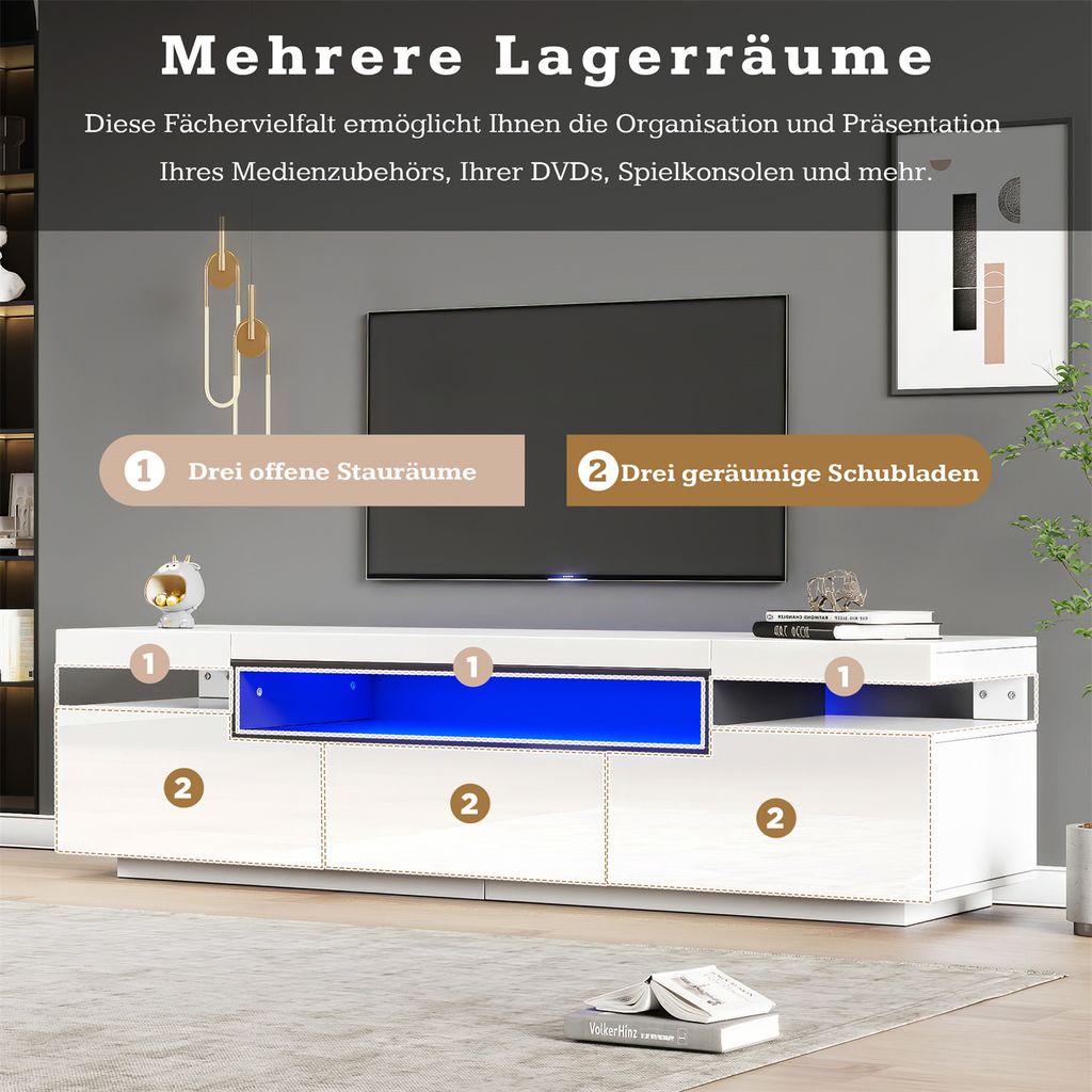 TV-Schrank mit 16 Farben LED-Beleuchtung – Weiß Platz für 70-79 Zoll Fernseher,160x39x42cm – Inklusive 3 Schubladen,Hochglanz-TV-Ständer