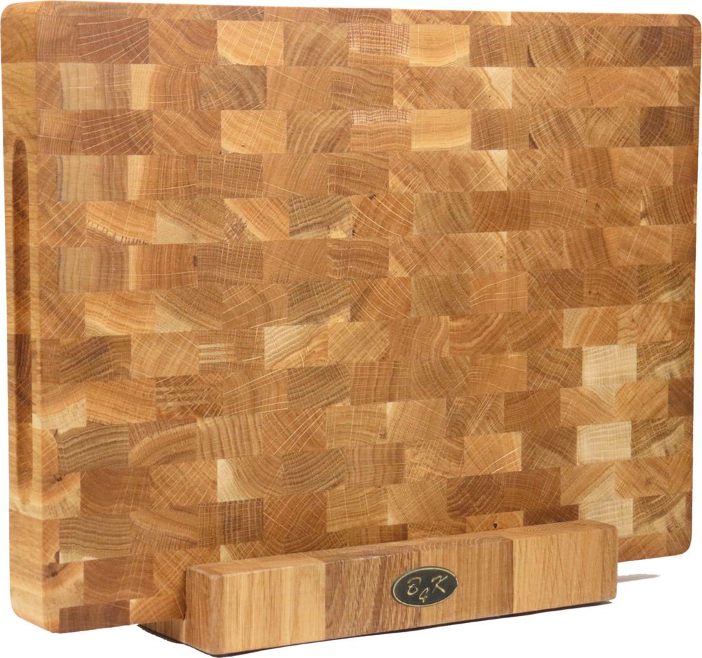 Stirnholz-Schneidebrett mit Ständer, 40 × 30 × 4 cm – Robustes Schneidebrett | Antibakterielles Stirnholz-Schneidebrett mit Griffen und Siliko...