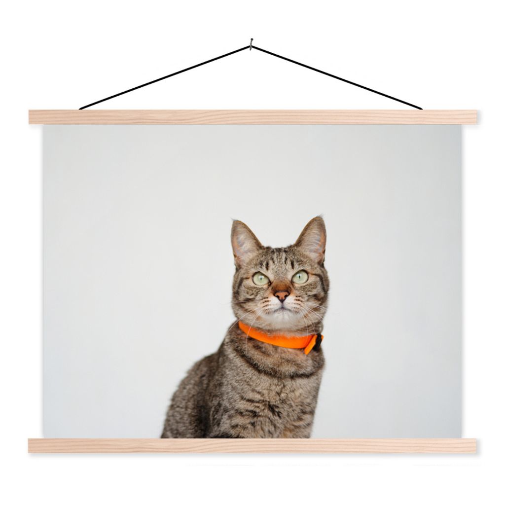 MuchoWow Textilposter Katze - Halskette - Orange - Mädchen - Kinder - Jungen - Kinder 120x90 cm mit holzfarbenen Rahmen - Magnetisch
