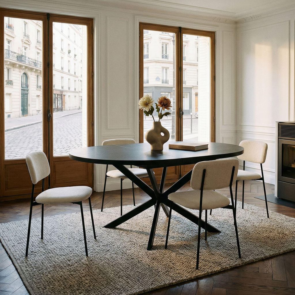 Essgruppe TOLEDO mit Tisch und 4 Stühlen, Schwarz/Weiß - Esstisch rund 120 cm, Esszimmermöbel Set, ausziehbar und platzsparend, ideal für klein...