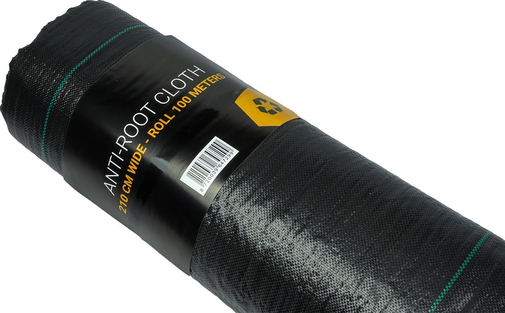 A roll of black anti-root cloth with green stripes on a white background.