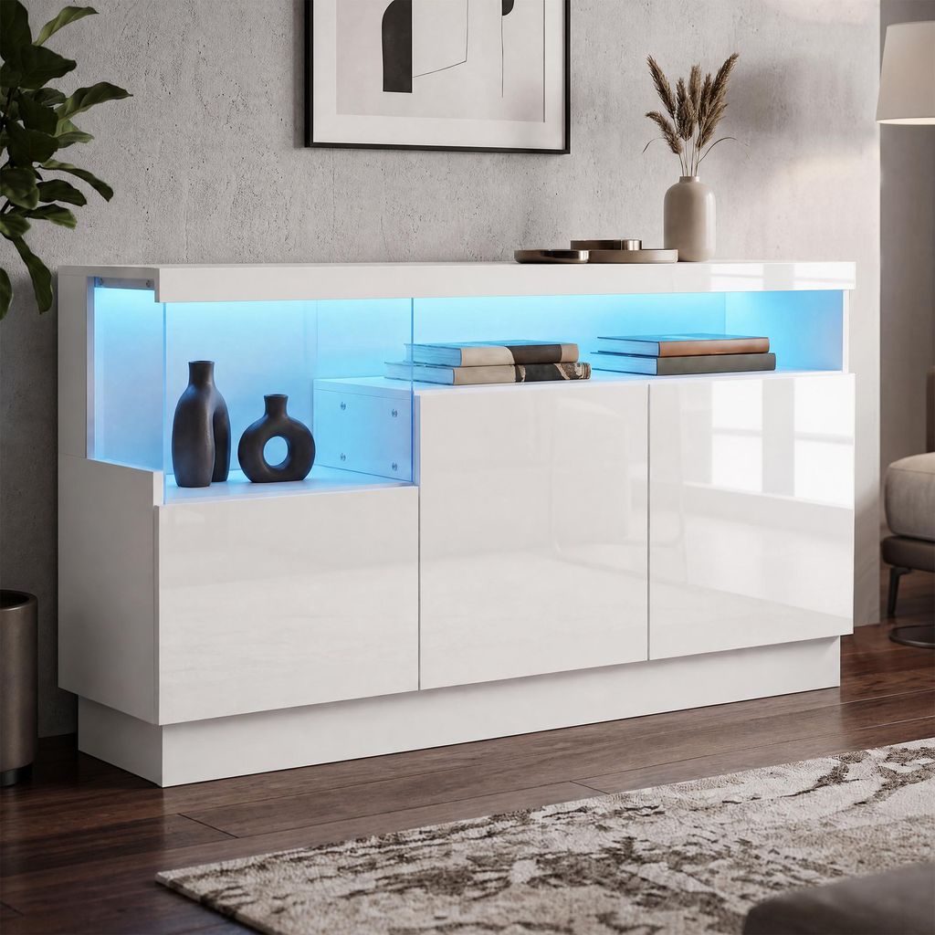 MODFU Sideboard Hochglanz mit LED-Vitrine,Beistellschrank Produktbild 