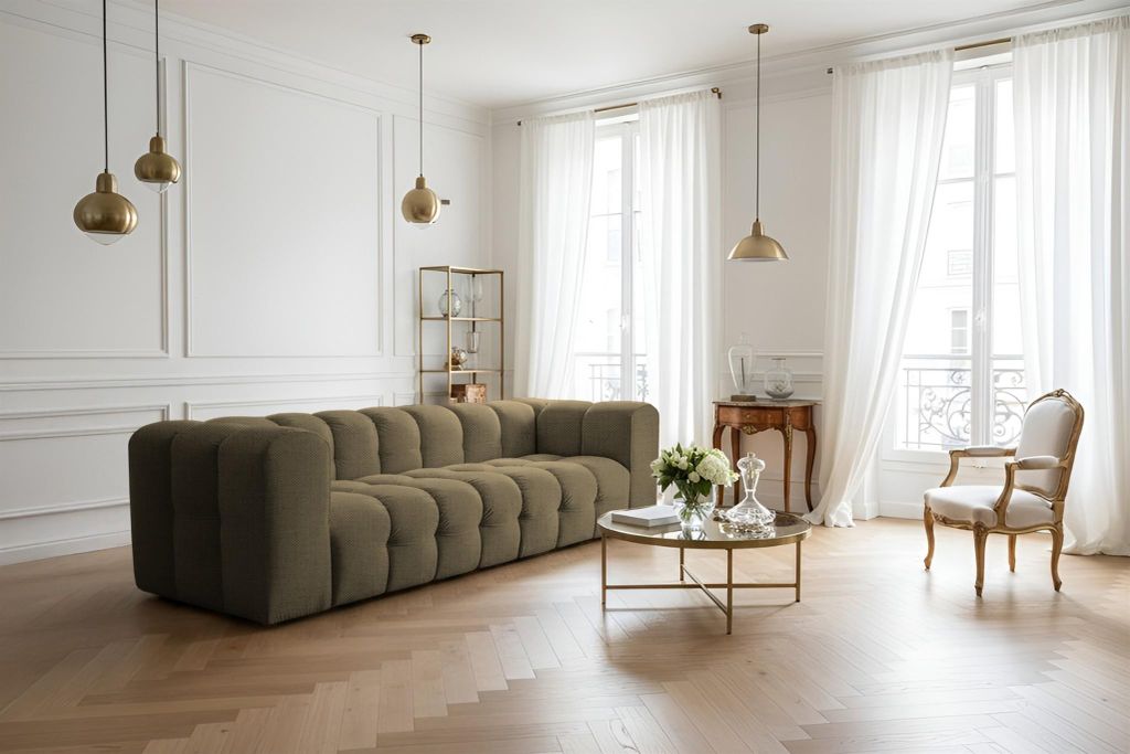 Sofa Designersofa SOLVIE 4-Sitzer in Stoff Moly Moosgrün