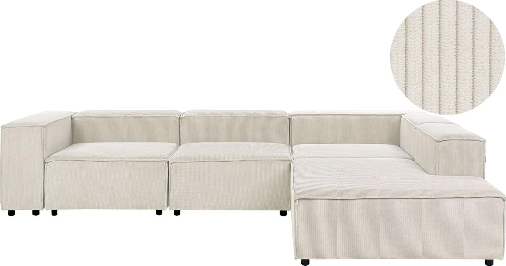 BELIANI Ecksofa Cremeweiß Cord L-förmig 4-Sitzer Modulsofa mit Chaiselongue Linksseitig Wohnzimmermöbel Modern Wohnzimmer Wohnecke Sitzecke