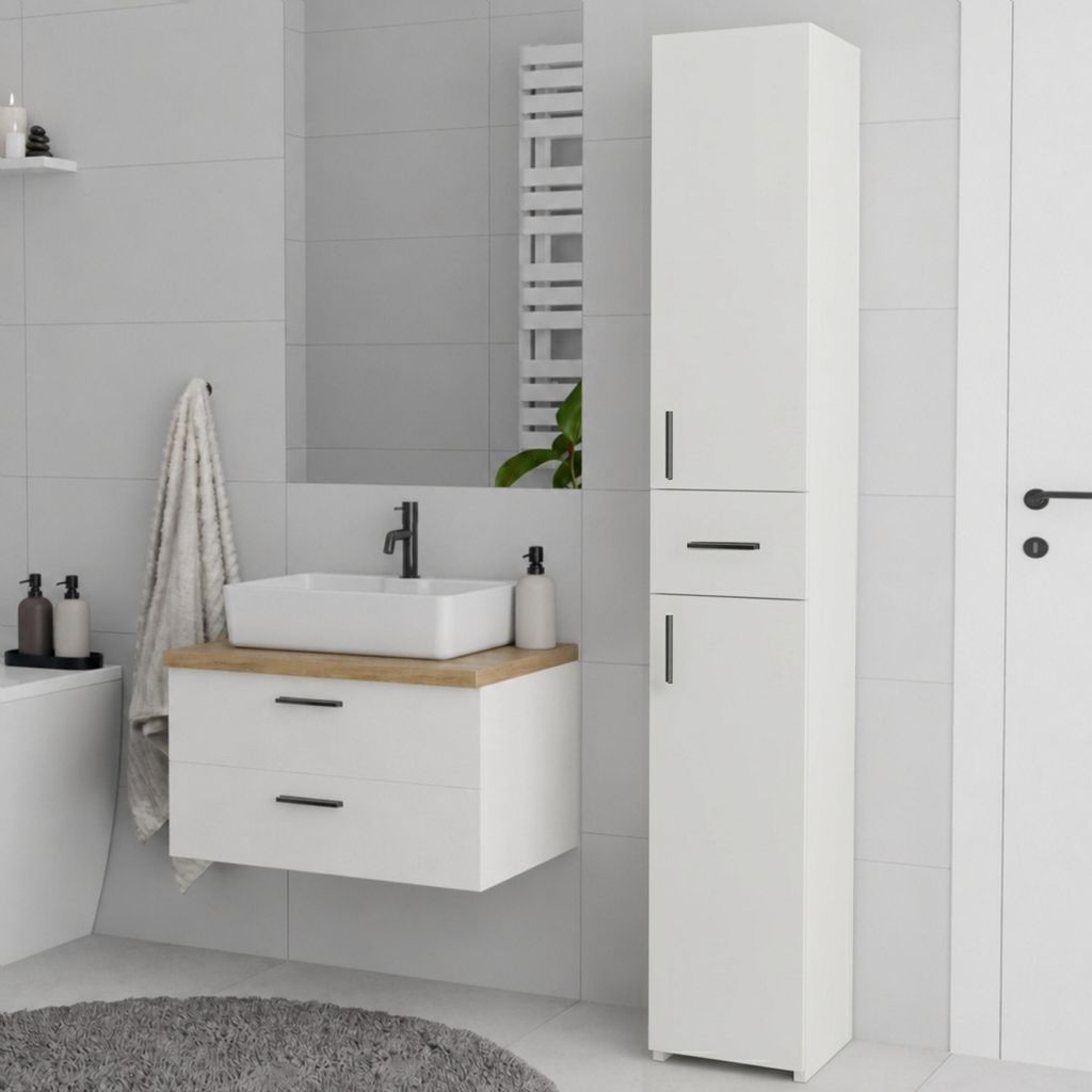 Badschrank Hochschrank Weiß stehend mit Schublade und