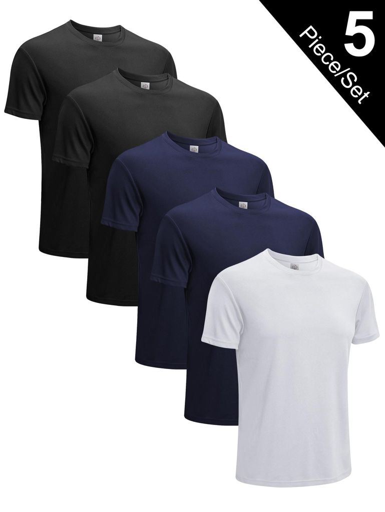 5er Pack Sportshirt Herren, Laufshirt Kurzarm Mesh Funktionsshirt Atmungsaktiv Schnelltrocknend Sports Gym Shirt -2 schwarze+ 2 blaue+ 1 weiße-S