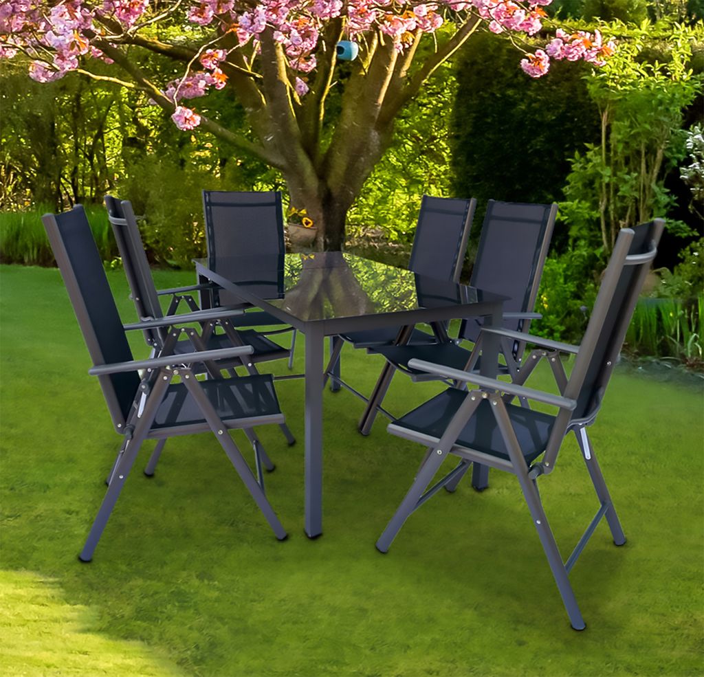 VCM 7 tlg. Set Gartenmöbel Alu Glas Gartenset Sitzgruppe Essgruppe Tisch Stühle 140 SW Anthrazit