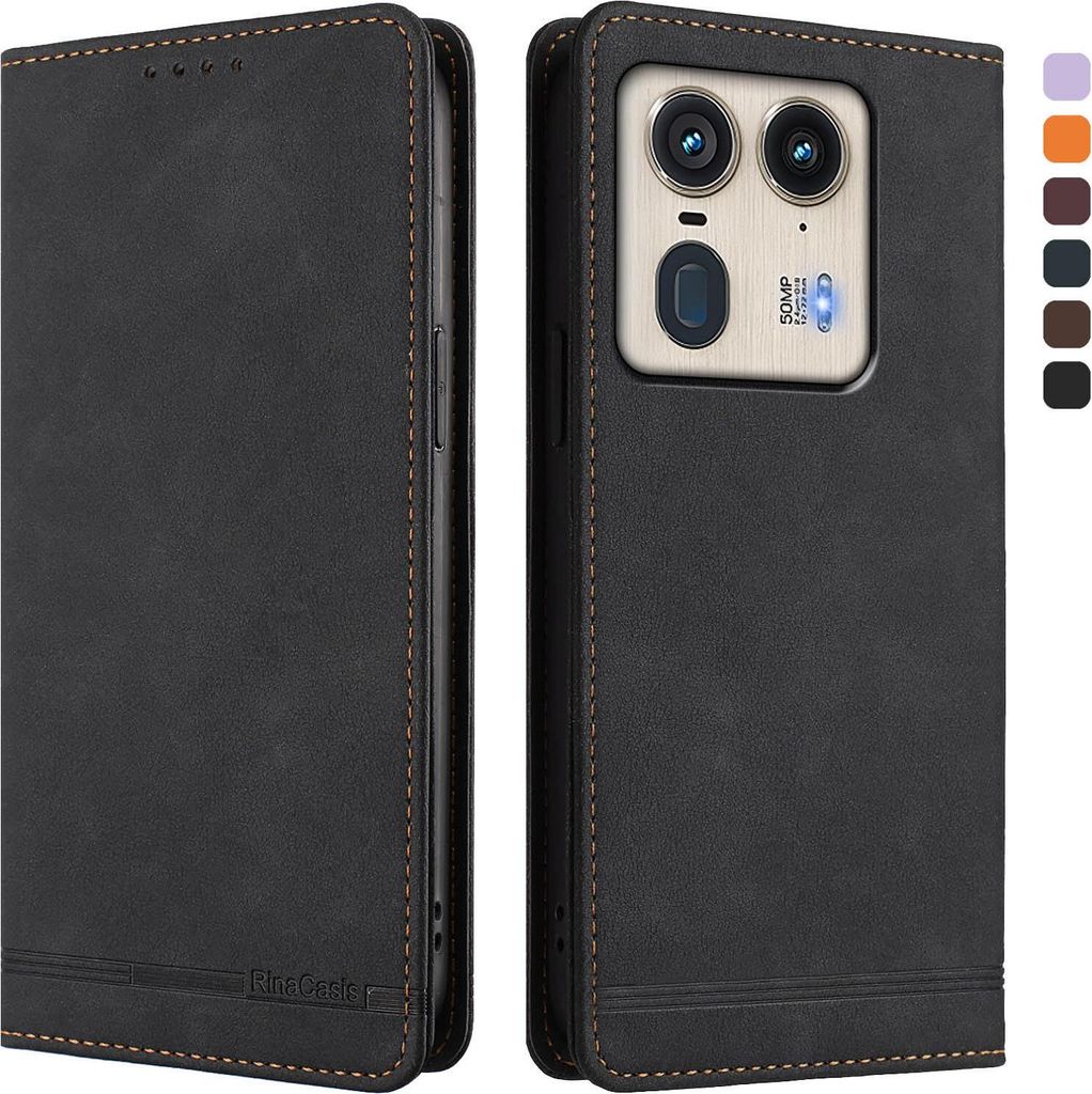 Hülle für Motorola Edge 50 Ultra, Retro Kunstleder Ständer Klapphülle mit Kartenfächer und Magnetische Schwarz