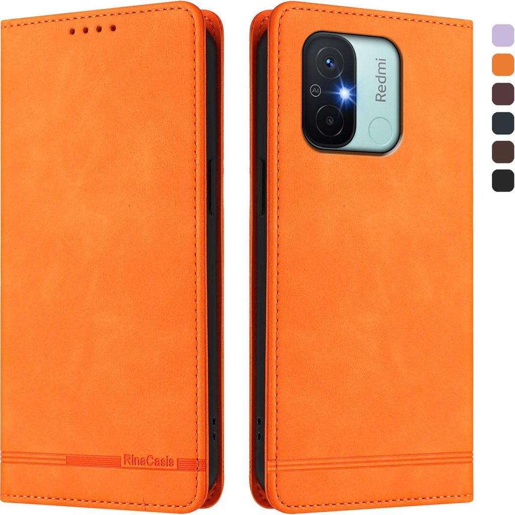 Hülle für Xiaomi Poco C55/Redmi 11A/12C, Retro Kunstleder Ständer Klapphülle mit Kartenfächer und Magnetische Orange