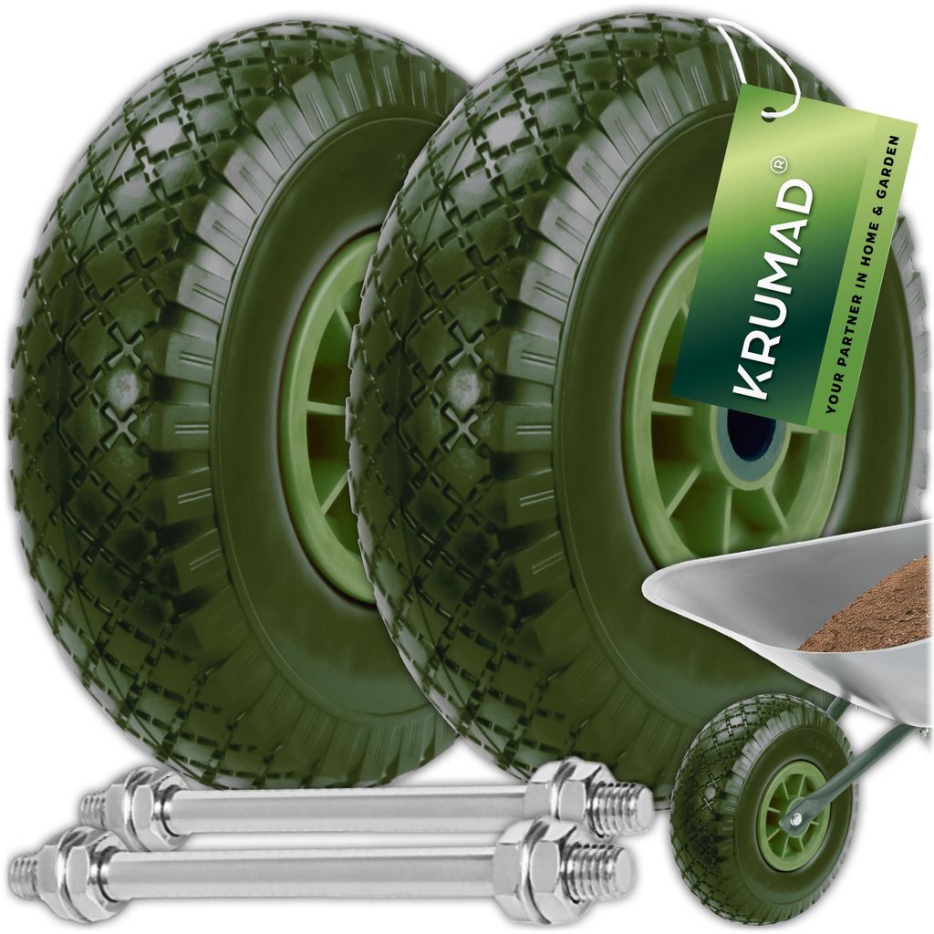 KRUMAD 2er Set Schubkarrenrad 3.00-4 Vollgummi - Pannensicheres Polyurethan Ersatzrad mit Achse und Stahlfelge für Schubkarre & Sackkarre