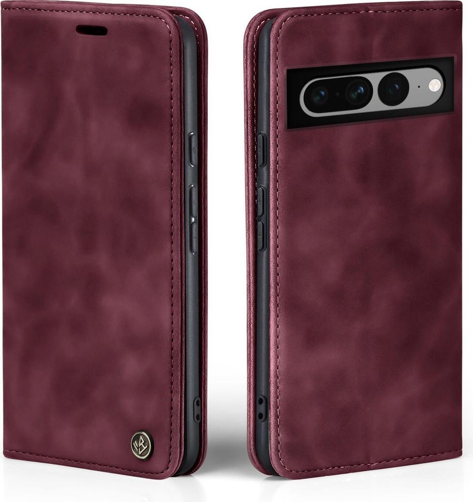 A burgundy flip case for a Google Pixel 7 Pro phone, shown from two angles.