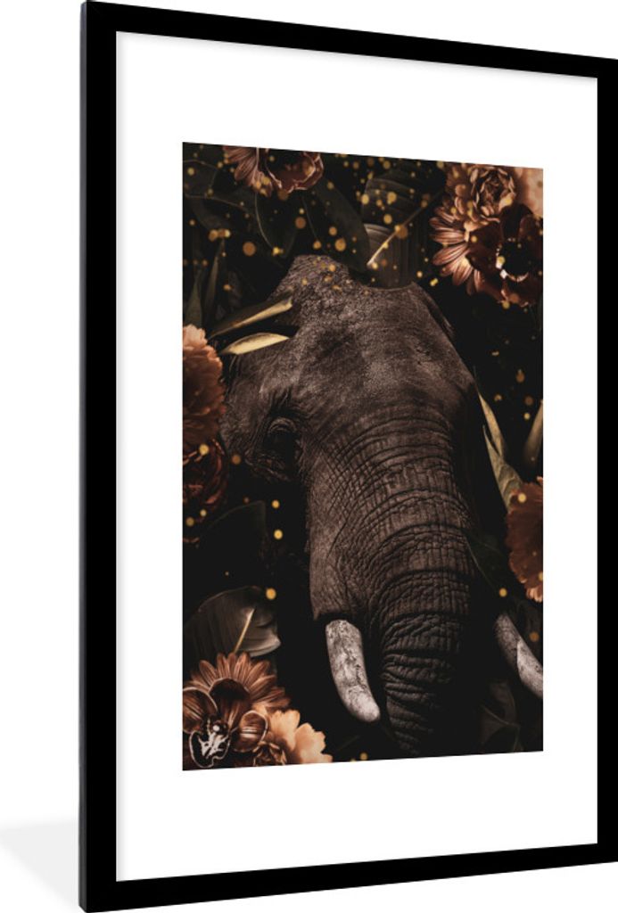 MuchoWow MuchoWow Gerahmtes Poster Elefant - Blumen - Gold 60x90 cm - Poster mit zchwarzem Bilderrahmen - Dekoration - Wandposter Wohnzimmer - ...
