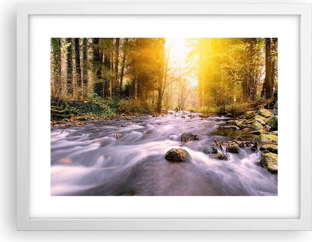 Gerahmtes Poster - Weißer Rahmen - Herbst Wald Berg Fluss - 40x30 cm - Wand Bild - Wanddeko - Wandbilder - Kunstposter - Wandposter - Bilderrahmen...