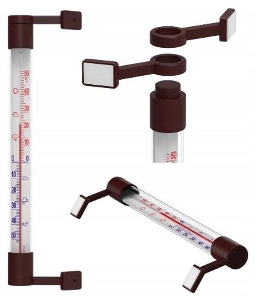 Multiple views of a brown thermometer with a white label.