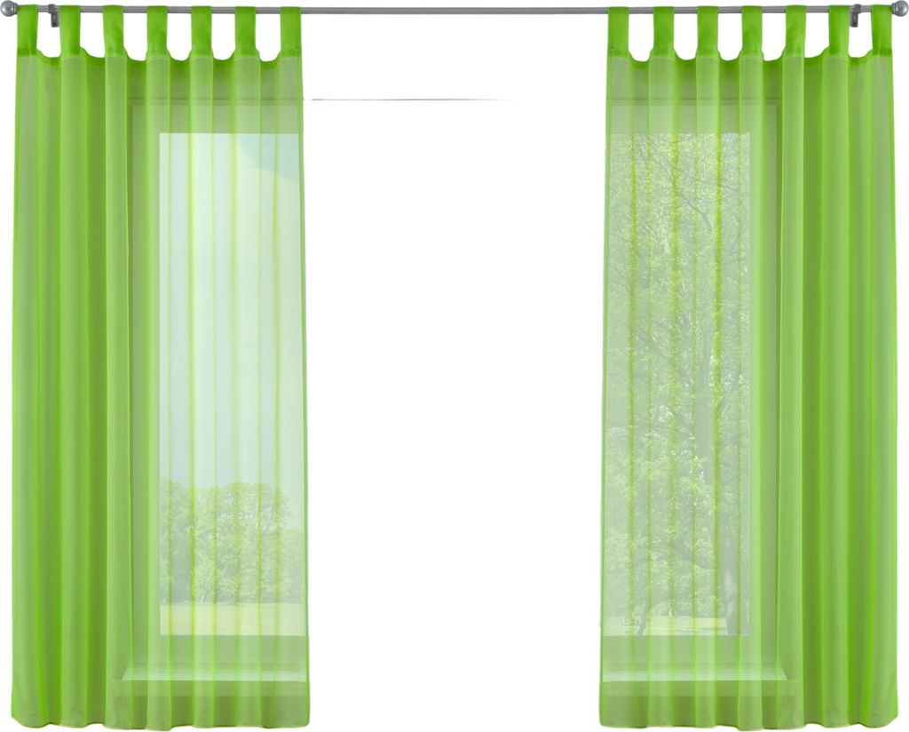 Two green sheer curtains hanging on a curtain rod, with a view of trees through the curtains.