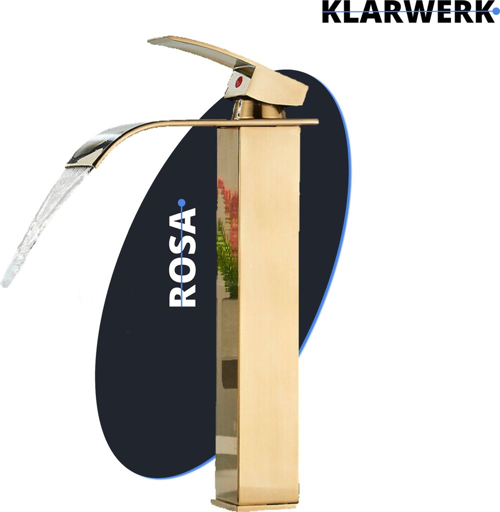 ROSA | Premium hohe Wasserfall Badarmatur Gold | Hotel Gastro Premium Mischbatterie freistehendes Waschbecken |Edelstahl Wasserhahn hoher Auslauf