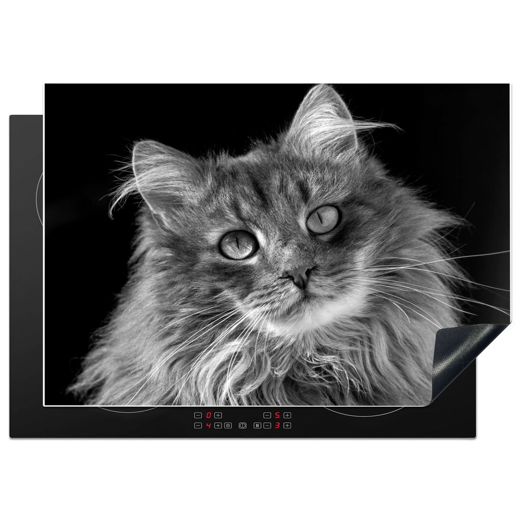KitchenYeah Herdabdeckplatte Katze mit Augen - schwarz und weiß , 75x52cm, Küche Deko, Glaskeramikkochfeld Herdabdeckung, Abdeckplatte fùr Koc...