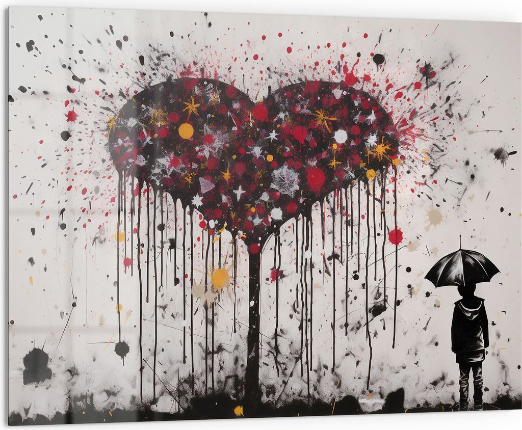 DEQORI Küchenrückwand Glas 80x60 cm 'Explosives Herzgefühl' Spritzschutz Bad Rückwand Küche