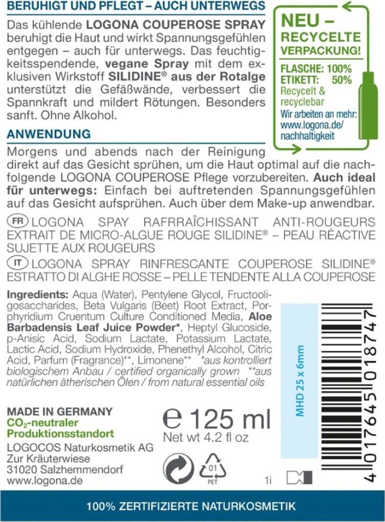 Logona Kühlendes Couperose Spray Bio, 125ml
