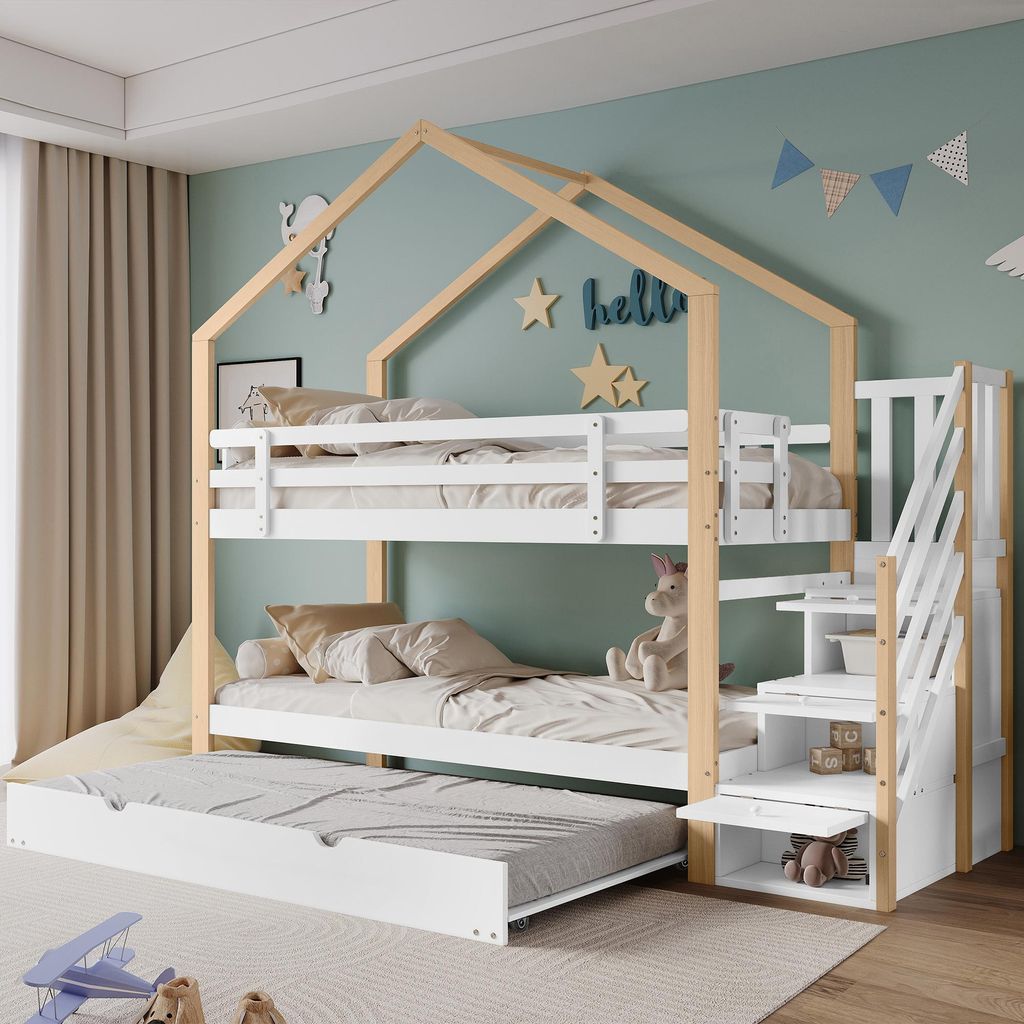 Sweiko Etagenbett, Ausziehbares Baumhausbett, Schiebebett, Treppe mit 3 Schubladen, Kinderbett mit Absturzsicherung und Kinderbettgitter, mit Latte...