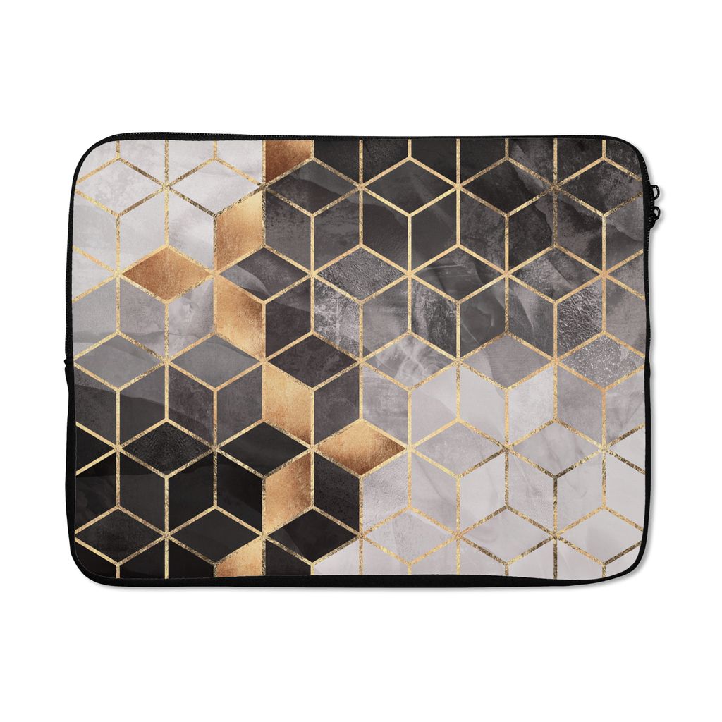 MuchoWow Laptop Hülle 17 Zoll Laptoptasche Abstrakt - Würfel - Gold - Muster - Schwarz - Weiß - Zipper - Schutzabdeckung