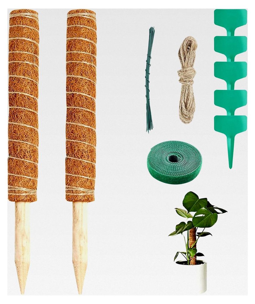 2 Stück Kokos-Pflanzstäbe 40 cm, Rankhilfe für Zimmerpflanzen, Moosstäbe mit 5 Pflanzschildern, Klett-Kabelbinder, Kokosstäbe zur Pflanzenunte...