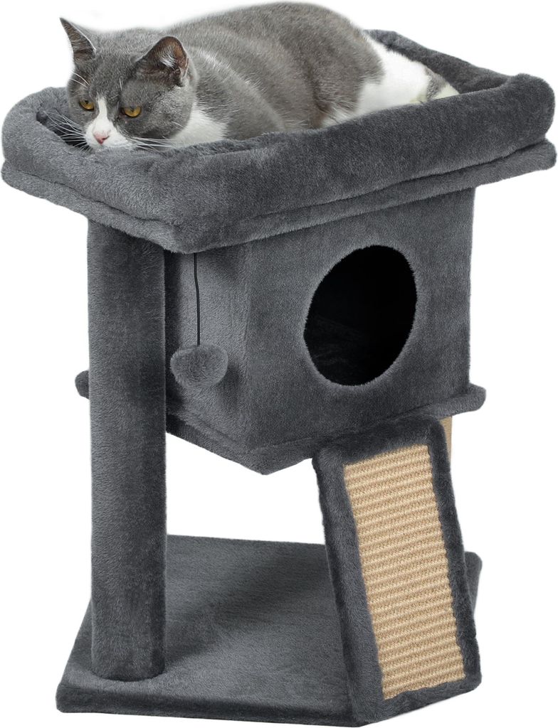 A cat is resting on a cat tree.